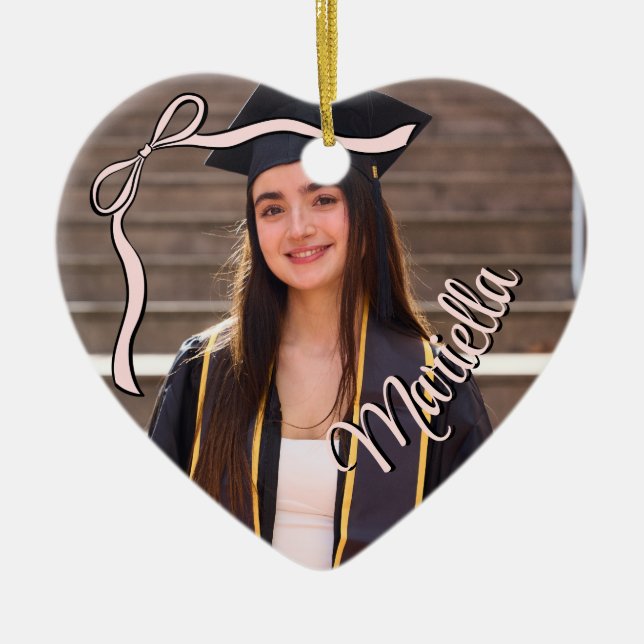 Coquette Graduate Pink Bow Name Lace Photo  Ceramic Tree Decoration (Front)