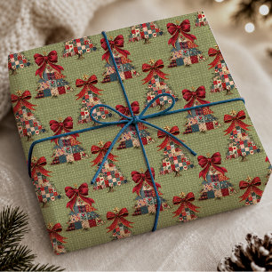 Coquette Green Patchwork Christmas Tree Squares Wrapping Paper