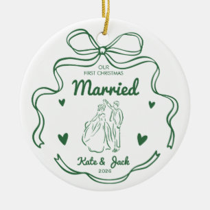 Coquette Green Ribbon First Christmas Married Ceramic Tree Decoration