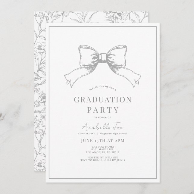 Coquette Grey Bow Ribbon Graduation Party Invitation (Front/Back)