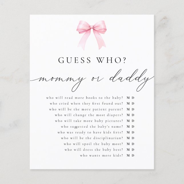 Coquette Guess Who Mummy or Daddy Baby Shower Game (Front)