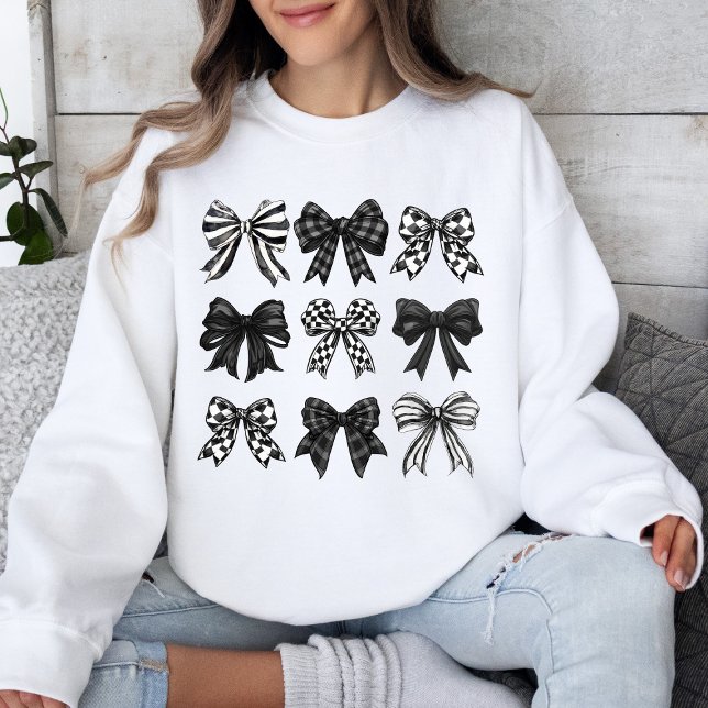 Coquette Halloween Black and White Bow Graphic Sweatshirt (Creator Uploaded)
