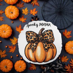 Coquette Halloween Leopart Pumpkin Bow Retro Round Cushion