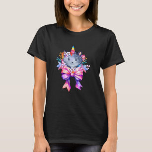Coquette Happy Unicorn Cat Grey Floral Pink Bow Ca T-Shirt