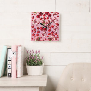 Coquette Heart Cherry Bow Pattern Square Wall Clock