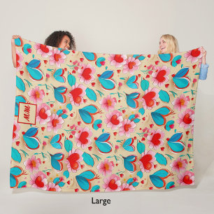 Coquette hearts, and flower cream monogram Fleece Blanket