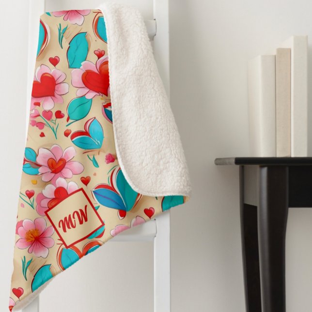  Coquette hearts, and flower cream monogram Sherpa Blanket (Creator Uploaded)