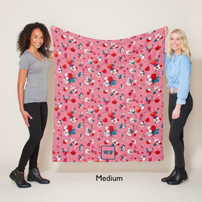  Coquette hearts, and flowers white red teal Fleece Blanket (Creator Uploaded)