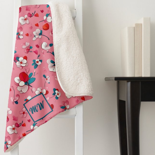 Coquette hearts, and flowers white red teal Sherpa Blanket (Creator Uploaded)