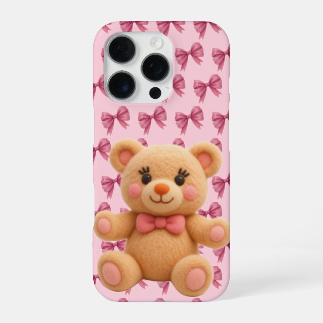 Coquette Kawaii Peach Teddy with Pink Bow Print iPhone Case (Back)