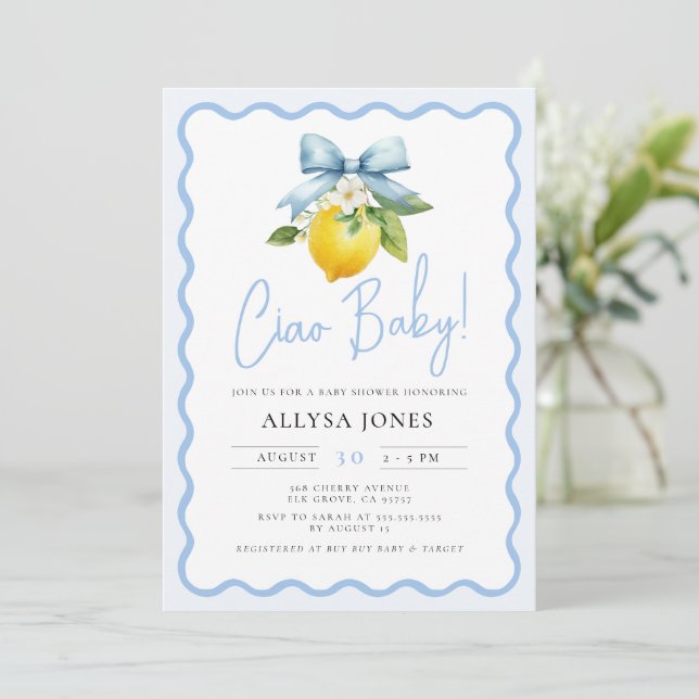 Coquette Lemon Ciao Baby Italian Wavy Baby Shower Invitation (Standing Front)