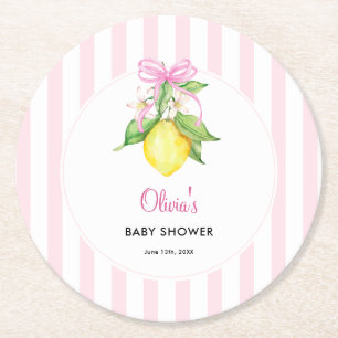 Coquette Lemon Pink Baby Shower Round Paper Coaster