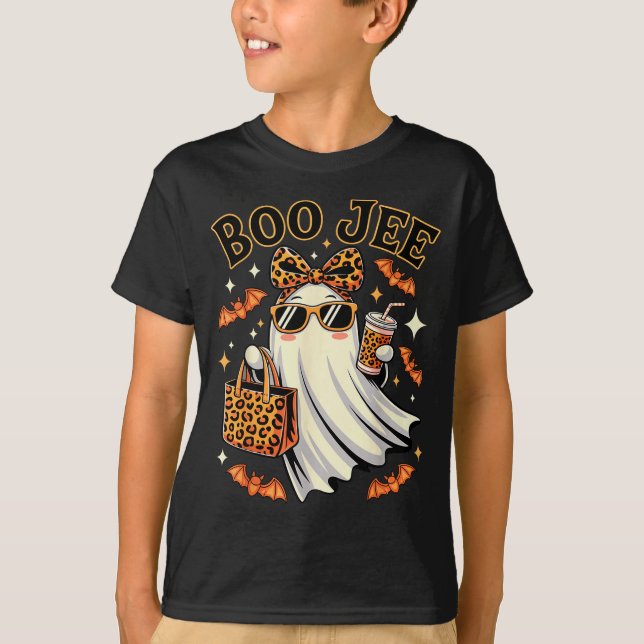 Coquette Leopard Ghost Coffee Boo Jee Halloween Bo T-Shirt (Front)