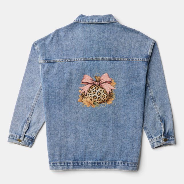 Coquette Leopard Pumpkin with Pink Bow – Glam Fall Denim Jacket (Back)