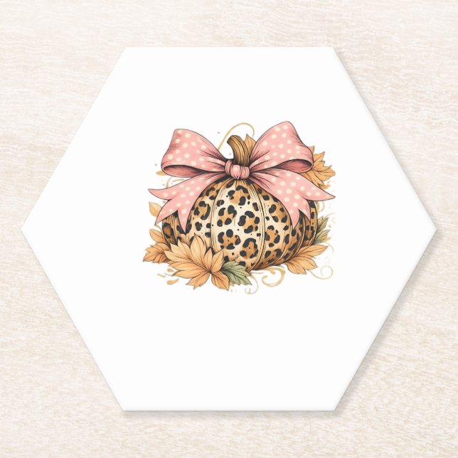 Coquette Leopard Pumpkin with Pink Bow – Glam Fall Paper Coaster (Front)
