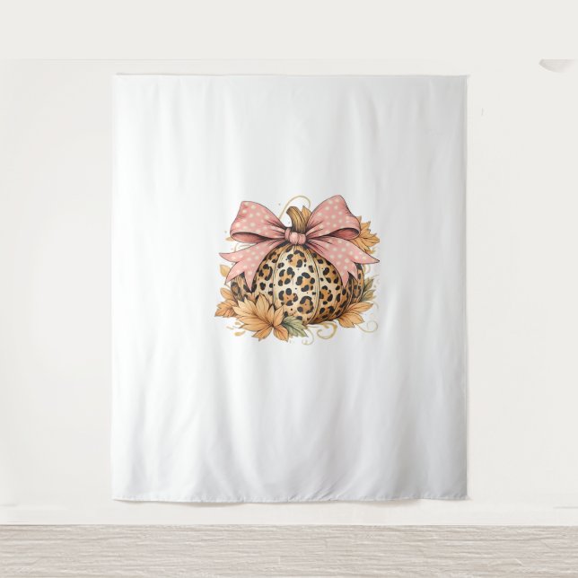 Coquette Leopard Pumpkin with Pink Bow – Glam Fall Tapestry (Front)