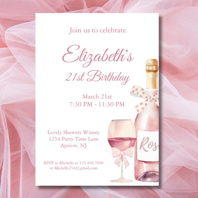 Coquette Light Pink Bows and Wine 21st Birthday Invitation (Creator Uploaded)