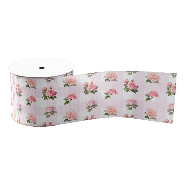 Coquette Light Pink Gingham and Roses Grosgrain Ribbon (Spool)