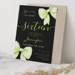 Coquette Lime Green Bow Sweet 16 Birthday Black Invitation