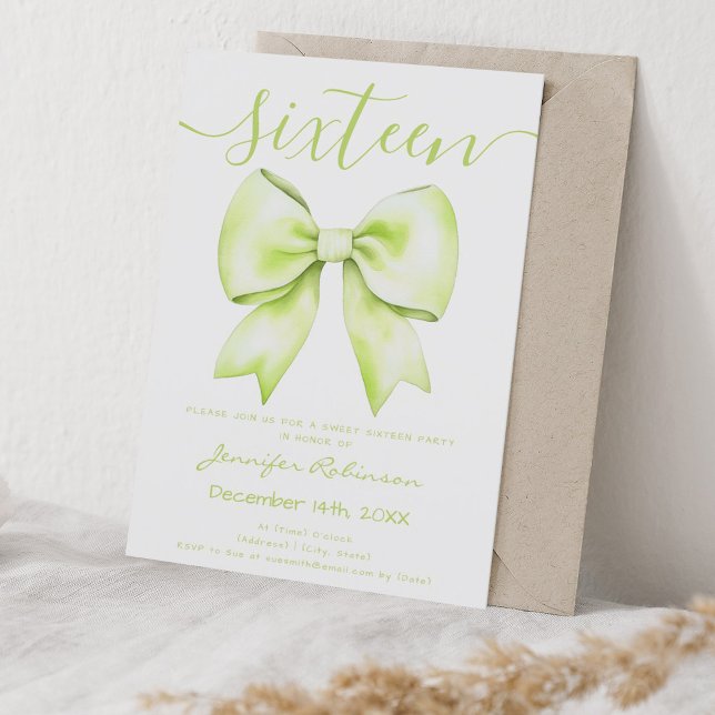Coquette Lime Green Bow Sweet 16 Birthday Invitation (Coquette Lime Green Bow Sweet 16 Birthday Invitation)