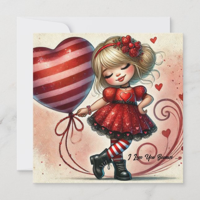 Coquette Little Valentine cartoon girl red balloon Holiday Card (Front)