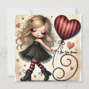 Coquette Little Valentine cartoon girl red balloon Holiday Card