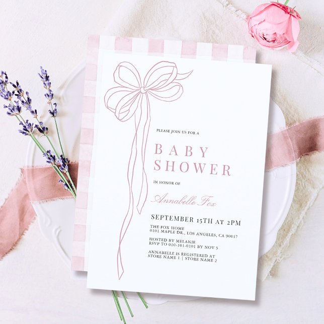 Coquette Long Pink Bow Ribbon Girl Baby Shower Invitation (Creator Uploaded)