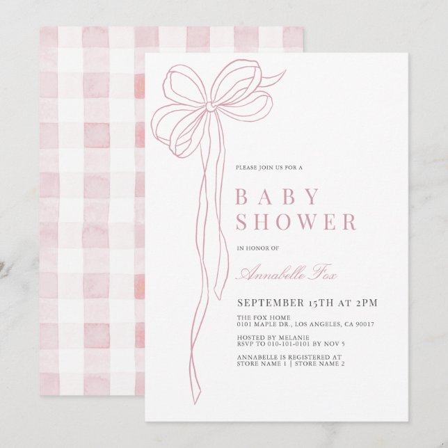 Coquette Long Pink Bow Ribbon Girl Baby Shower Invitation (Front/Back)