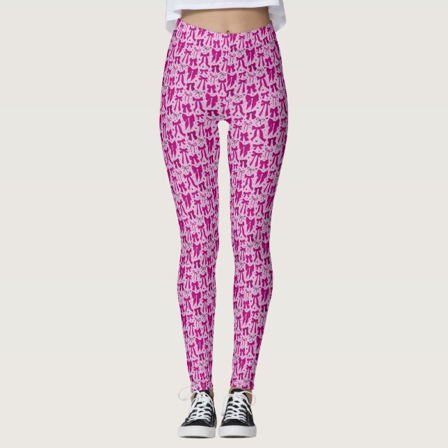 Coquette Magenta Bows Hand Drawn Pattern Leggings (Front)