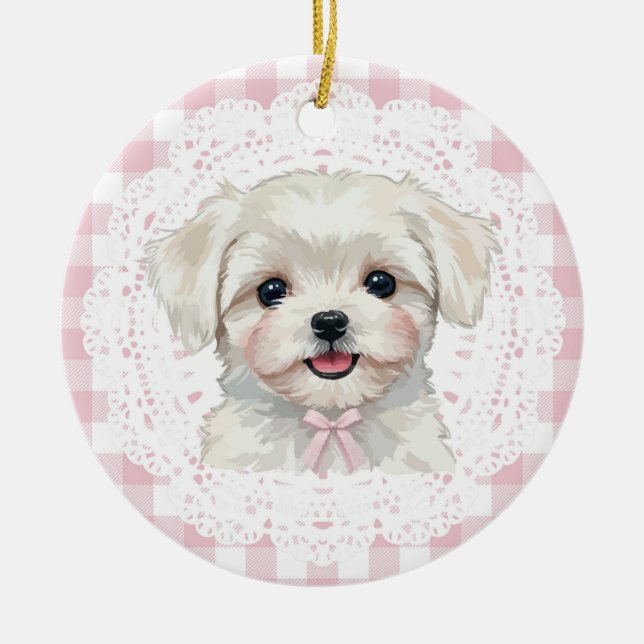 Coquette Maltese Dog Pink Gingham Bows Ceramic Tree Decoration (Front)