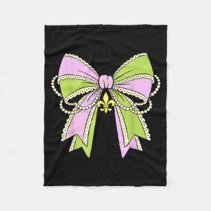Coquette Mardi Gras Bow Pearls Ribbon Women Girls  Fleece Blanket