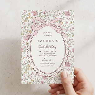 Coquette Meadow Floral Bow First Birthday Invitation