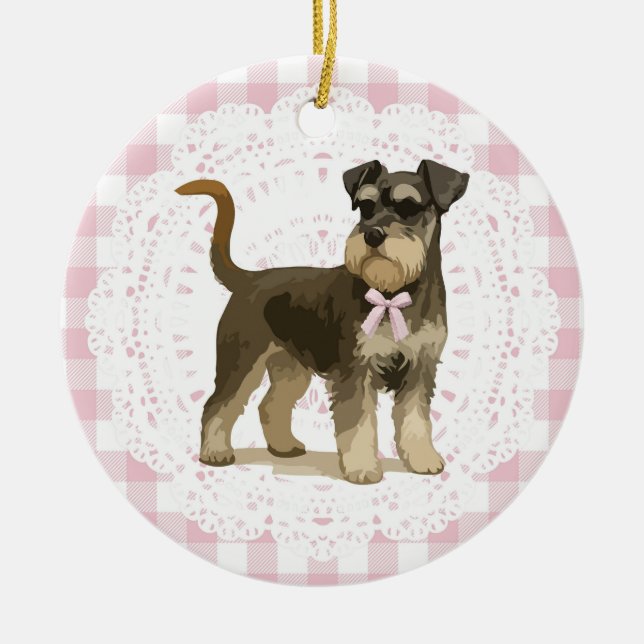 Coquette Miniature Schnauzer Dog Pink Gingham Bows Ceramic Tree Decoration (Front)