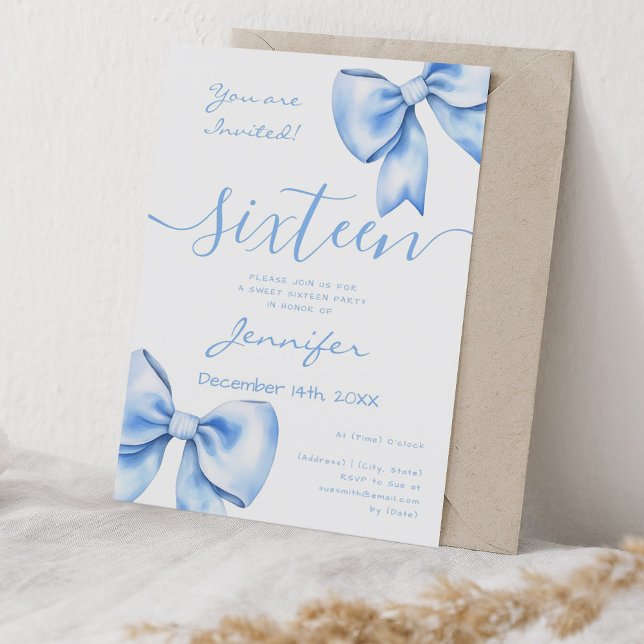 Coquette Navy Blue Bow Sweet 16 Birthday Invitation (Coquette Navy Blue Bow Sweet 16 Birthday Invitation)
