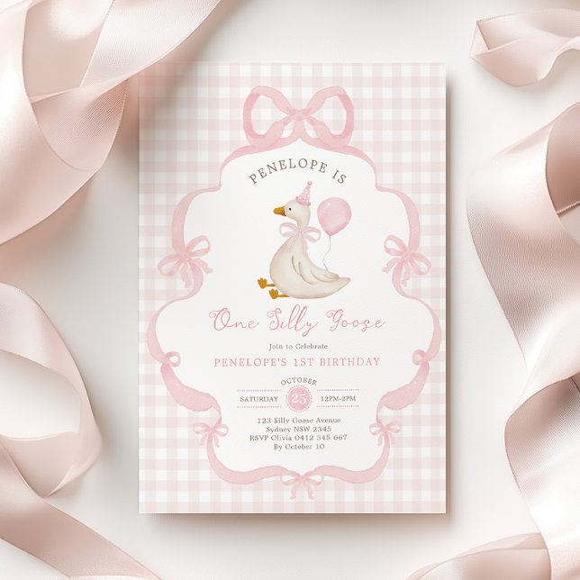 Coquette One Silly Goose Pink Bow 1st Birthday Invitation (Creator Uploaded)