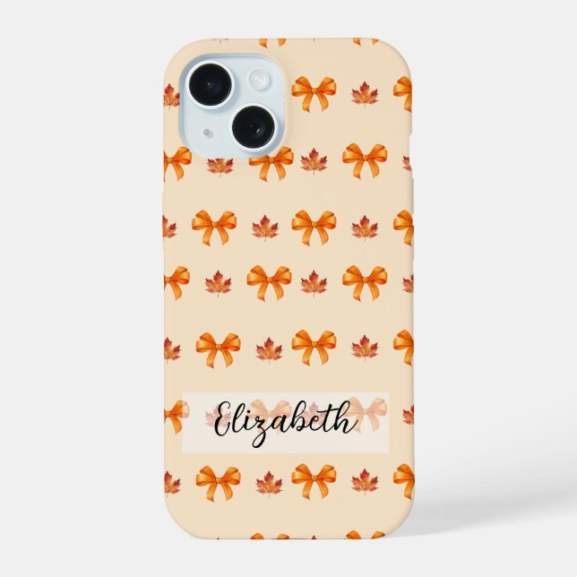 Coquette Orange Autumn Fall Bows and Leaves iPhone 15 Case (Back)