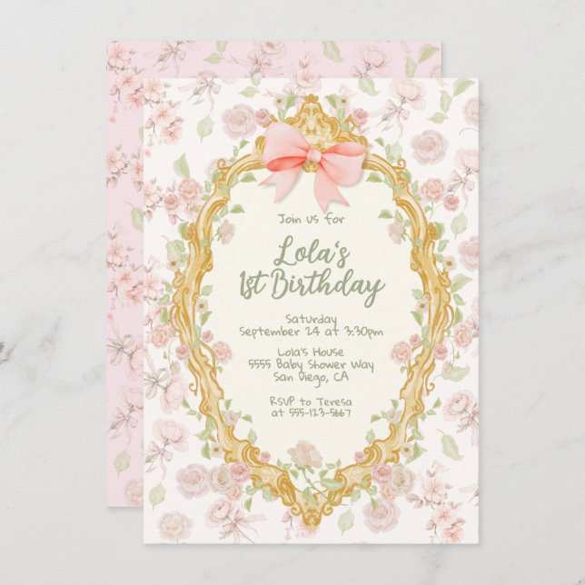 Coquette Ornate Frame Pink Bow Toile Birthday Invitation (Front/Back)