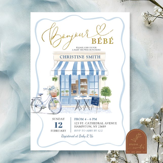 Coquette Parisian cafe French Blue Baby Shower Invitation (Creator Uploaded)