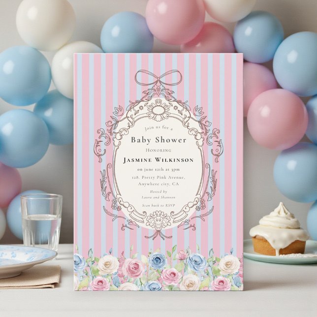coquette pastel Rose Baby Shower with qr code rsvp Invitation (Creator Uploaded)