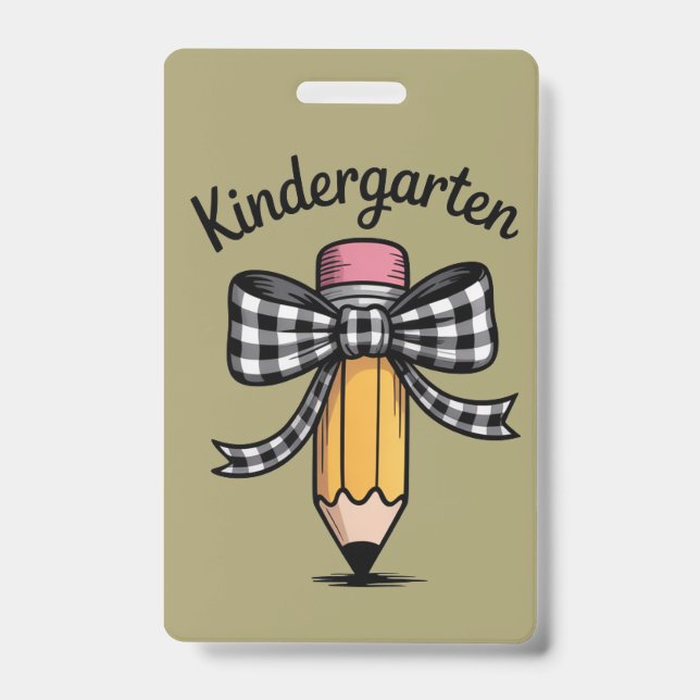 Coquette Pencil Bow Kindergarten Teacher School ID Badge (Front)