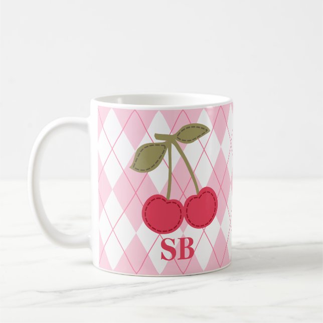 Coquette Personalised Jacquard Pink Cherry  Coffee Mug (Left)