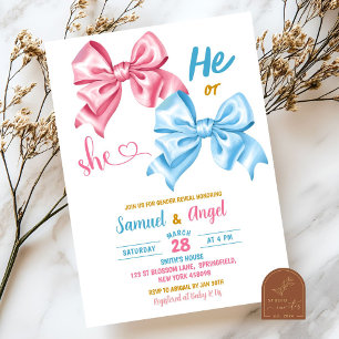 Coquette Pink and Blue Bow Gender Reveal Invitation