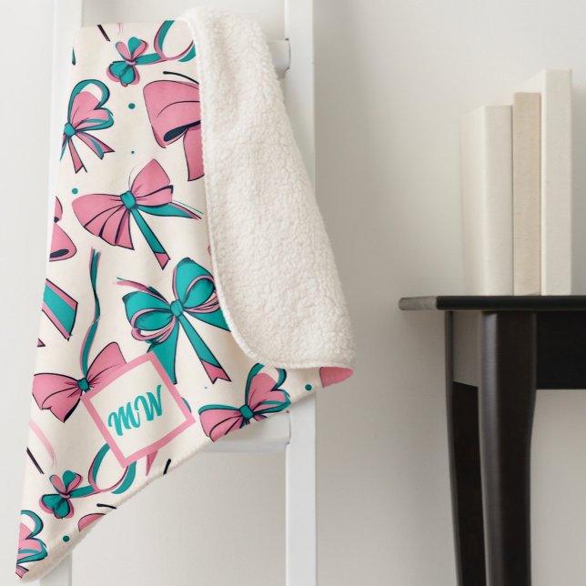  Coquette pink and teal bows monogram Sherpa Blanket (Creator Uploaded)