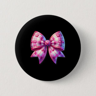 Coquette Pink And White Bow Plaid Valentine Bow Wi 6 Cm Round Badge