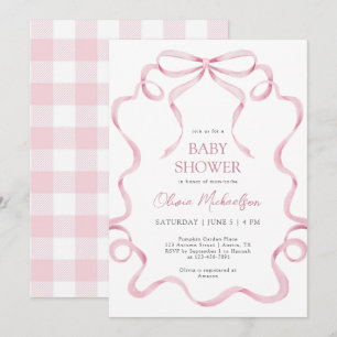 Coquette Pink Blush Ribbon Plaid Frame Baby Shower Invitation