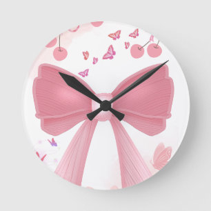 Coquette Pink Bow and Cherries Aesthetic Collage – Round Clock