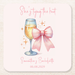 Coquette Pink Bow Bachelorette Party  Square Paper Coaster