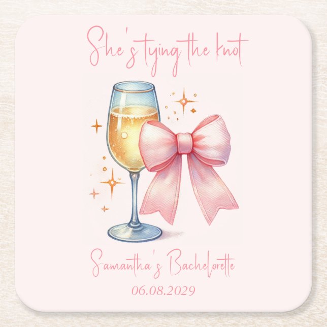 Coquette Pink Bow Bachelorette Party  Square Paper Coaster (Front)