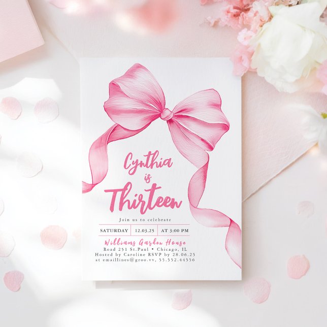 Coquette Pink Bow Birthday Invitation (Pink Bow Birthday Invitation)
