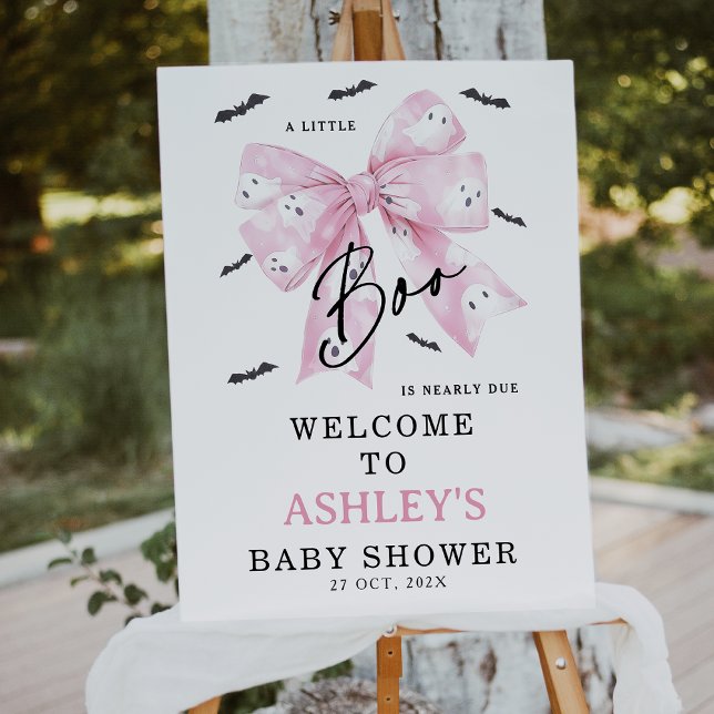 Coquette Pink Bow Boo Baby Shower Welcome Sign (Little Boo is Almost Due Baby Shower Welcome Sign, Croquette Halloween Little Boo Baby Shower Sign)
